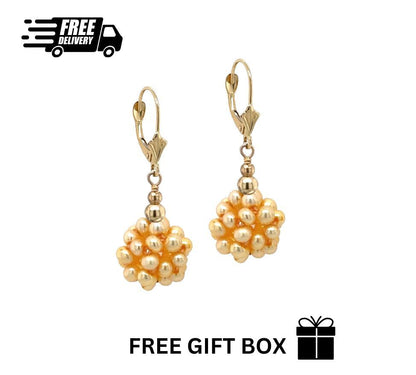 14k Yellow Gold Dangle Freshwater Pearl Cluster Leverback Earrings
