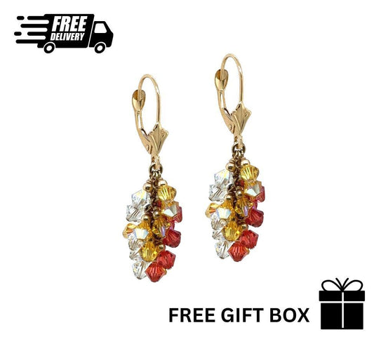 14k Yellow Gold Dangle Grape Leverback Earrings Made with Crystal from Swarovski