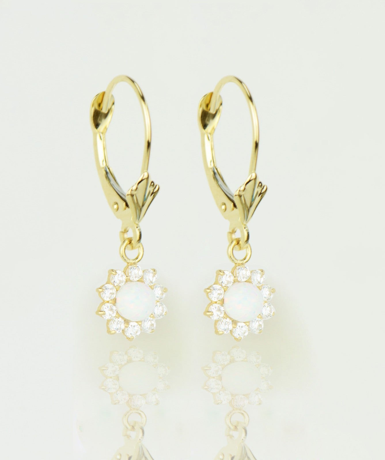 14k-Yellow-Gold-Opal Flower-CZ-Dangle-Earrings