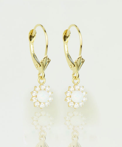 14k-Yellow-Gold-Opal Flower-CZ-Dangle-Earrings