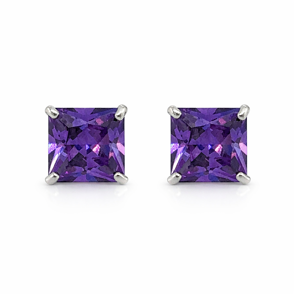 14K Solid White Gold Square Princess Cut CZ Birthstone Stud Earrings All Size