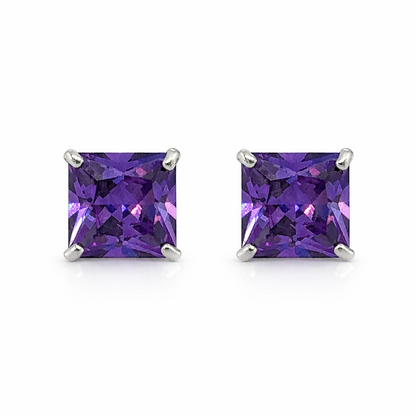14K Solid White Gold Square Princess Cut CZ Birthstone Stud Earrings All Size