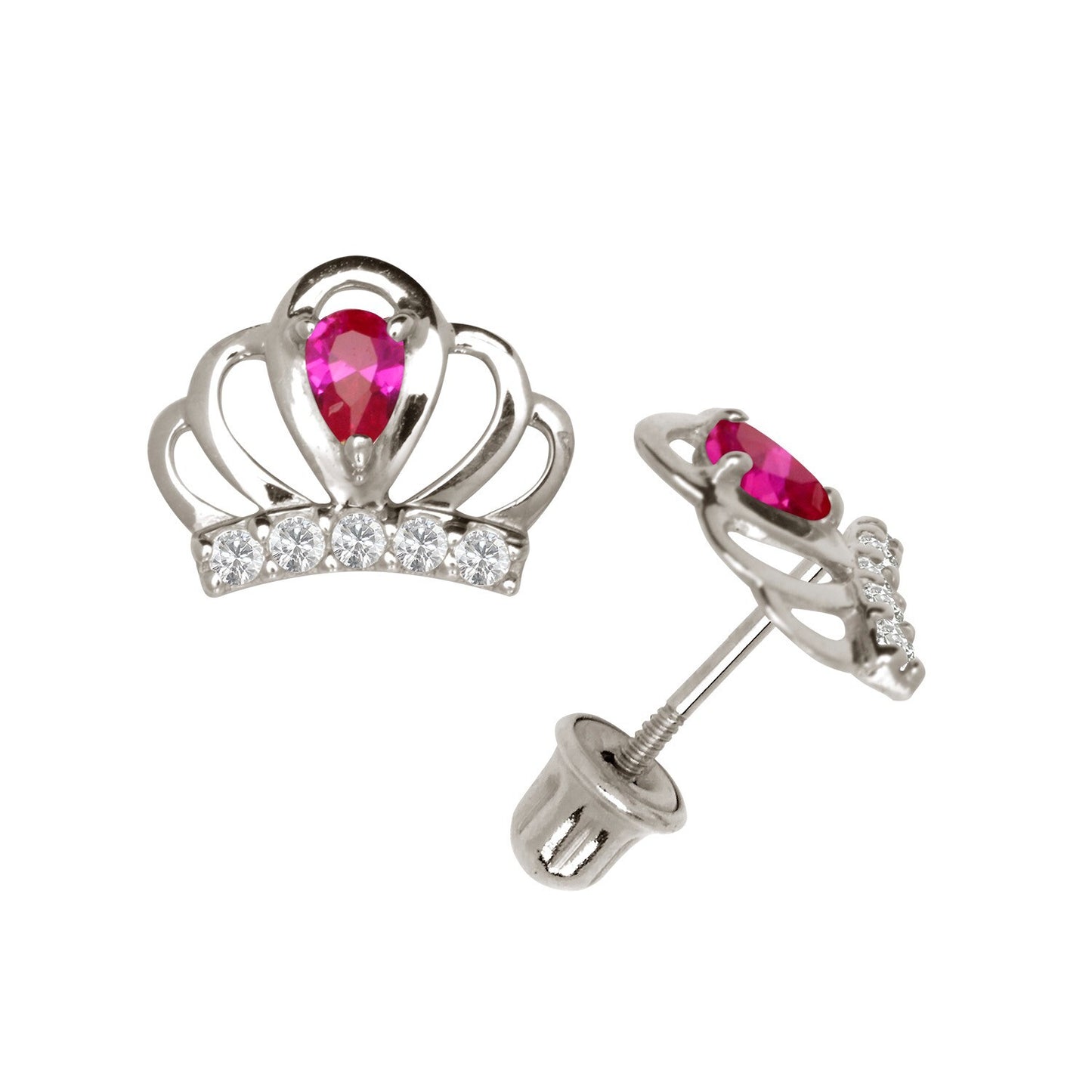 14k Yellow & White Gold CZ Crown Baby Screw Back Stud Earring for Girls