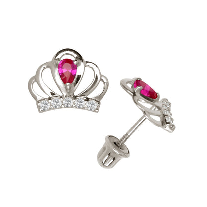 14k Yellow & White Gold CZ Crown Baby Screw Back Stud Earring for Girls