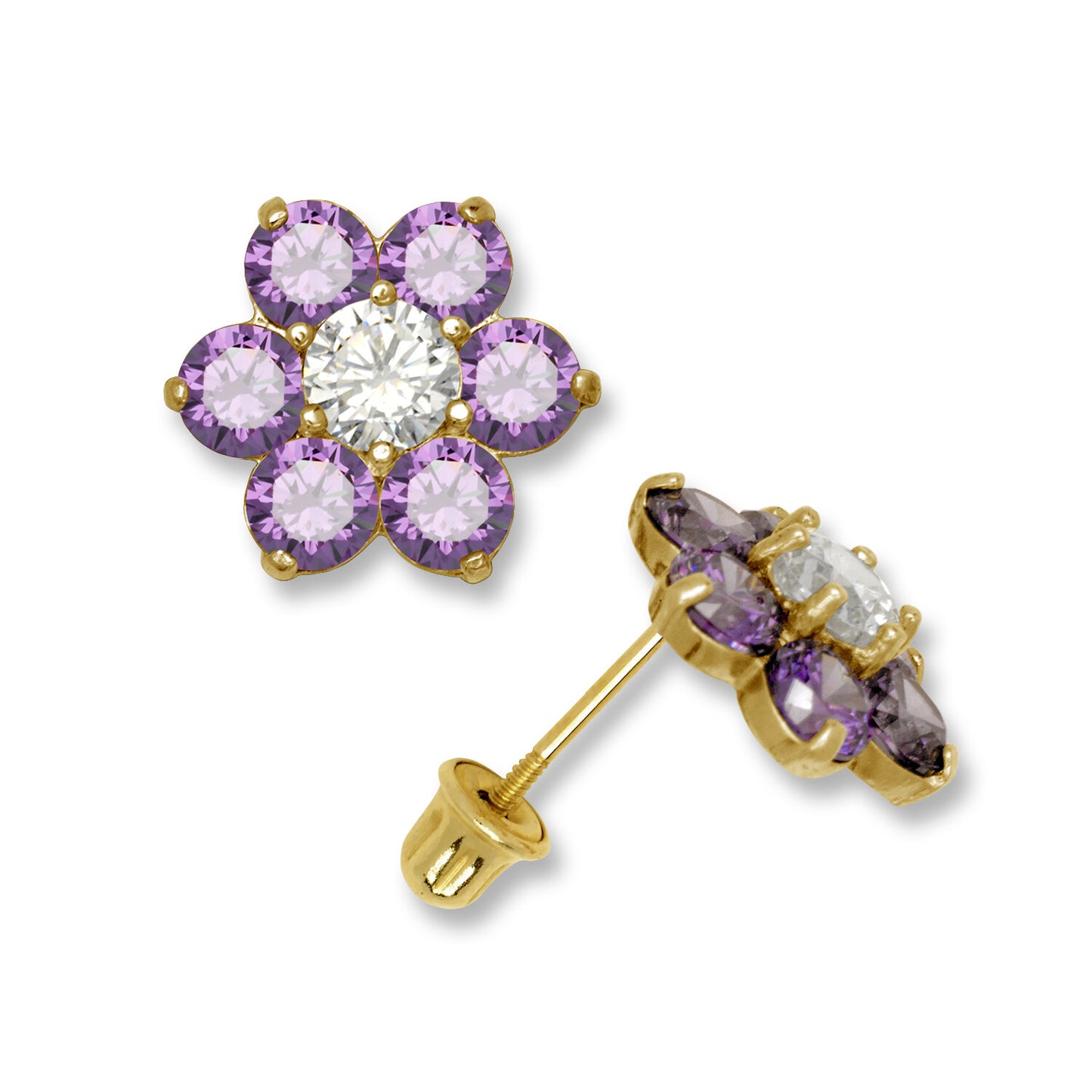 14k Yellow Gold CZ Flower Birthstone Stud Screw Back Earrings