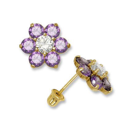 14k Yellow Gold CZ Flower Birthstone Stud Screw Back Earrings