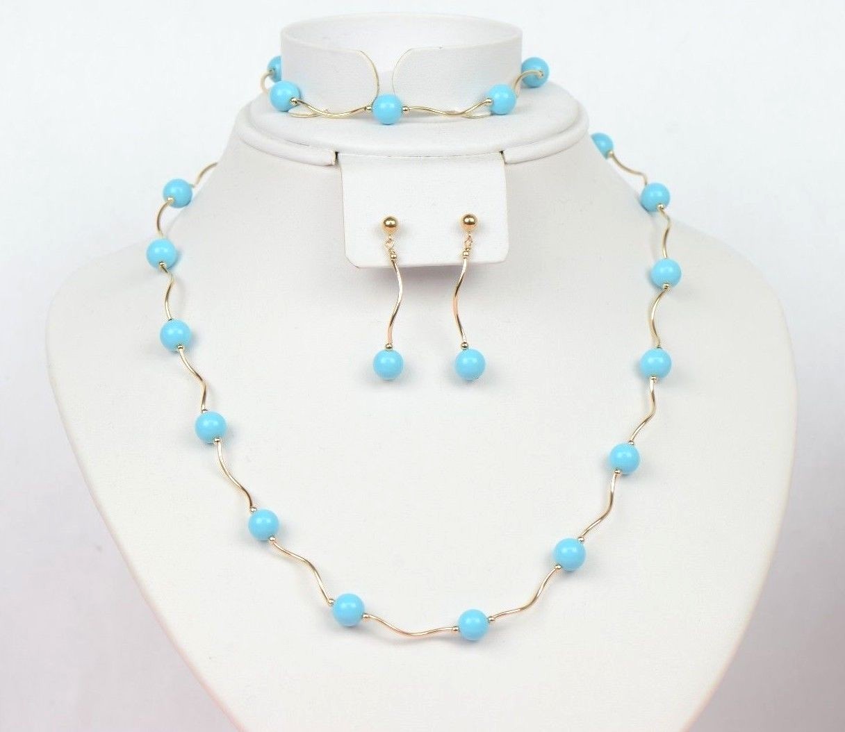 14k Yellow Gold Turquoise beads 3pcs Set: Necklace, Bracelet, Earrings