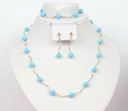 14k Yellow Gold Turquoise beads 3pcs Set: Necklace, Bracelet, Earrings