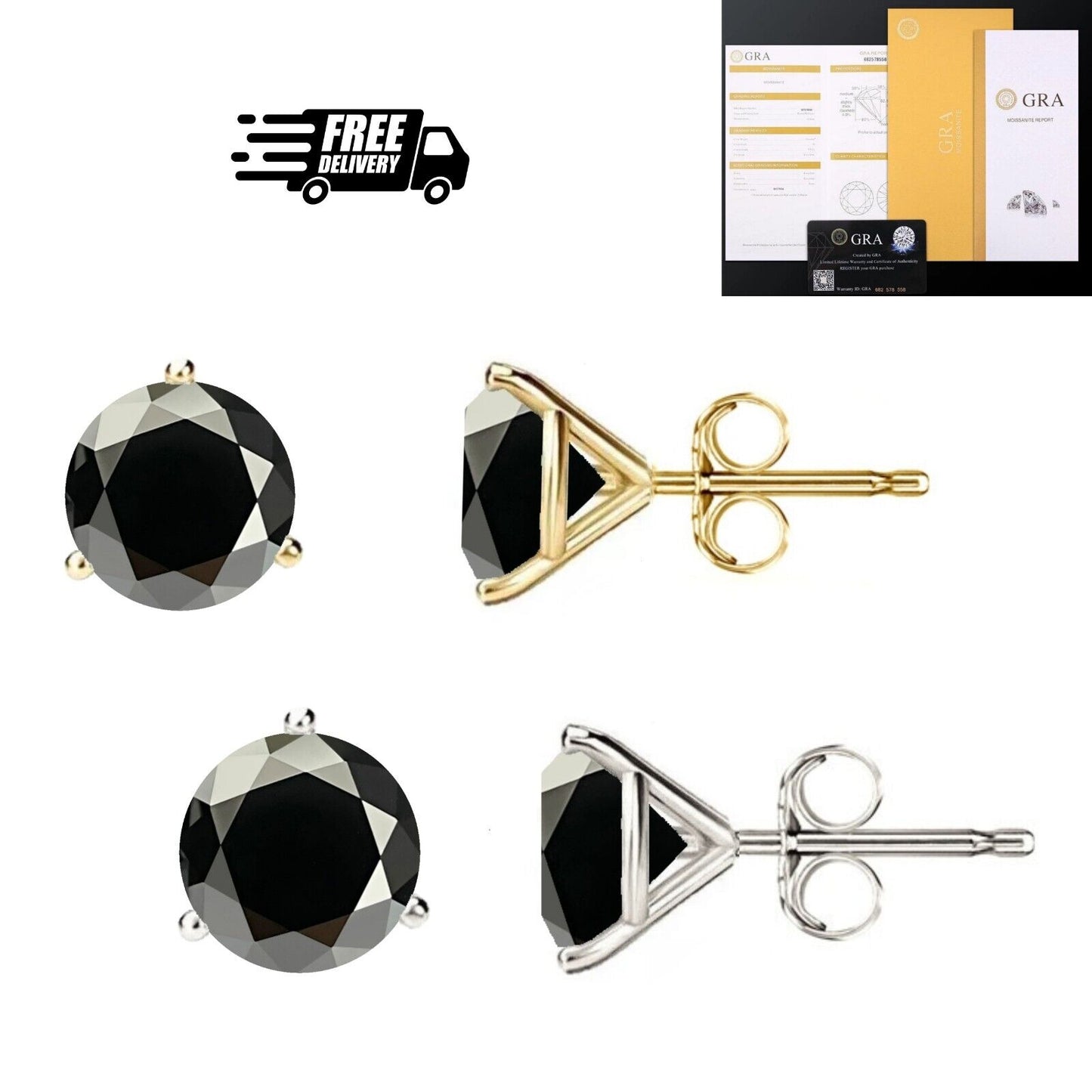 14K Gold GRA CertifiedD-VVS1 Black Moissanite Martini PushBack Stud Earrings