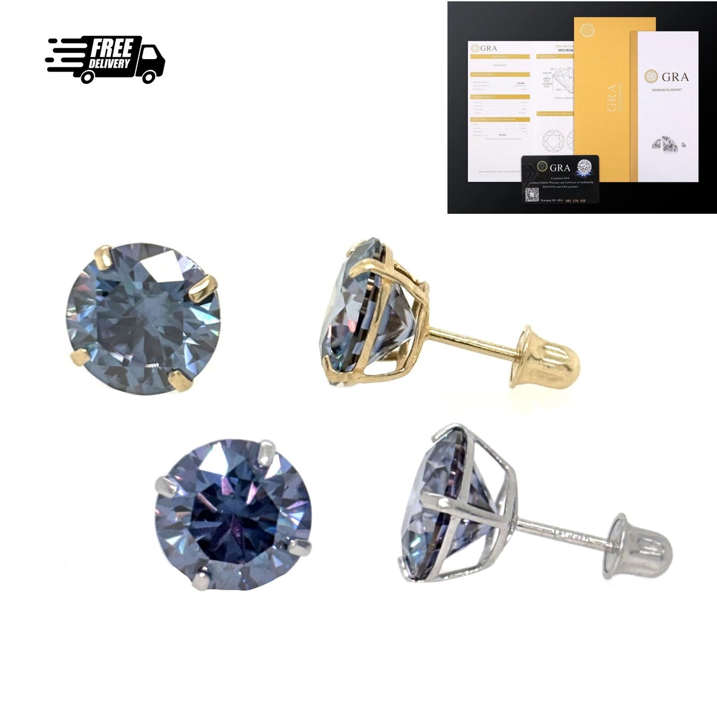 14K Gold GRA Certified D-VVS1 Round Blue Moissanite Screw Back Studs Earrings