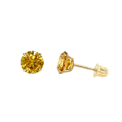 14K Gold GRA Certified D-VVS1 Round Yellow Moissanite Screw Back Studs Earrings