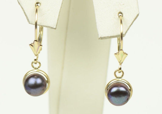 14k Yellow Gold Black Natural Pearl Dangle Earrings