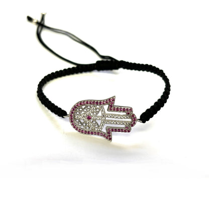 925 Sterling Silver  C Z Hamsa Bracelet 6" Adjustable to 11"