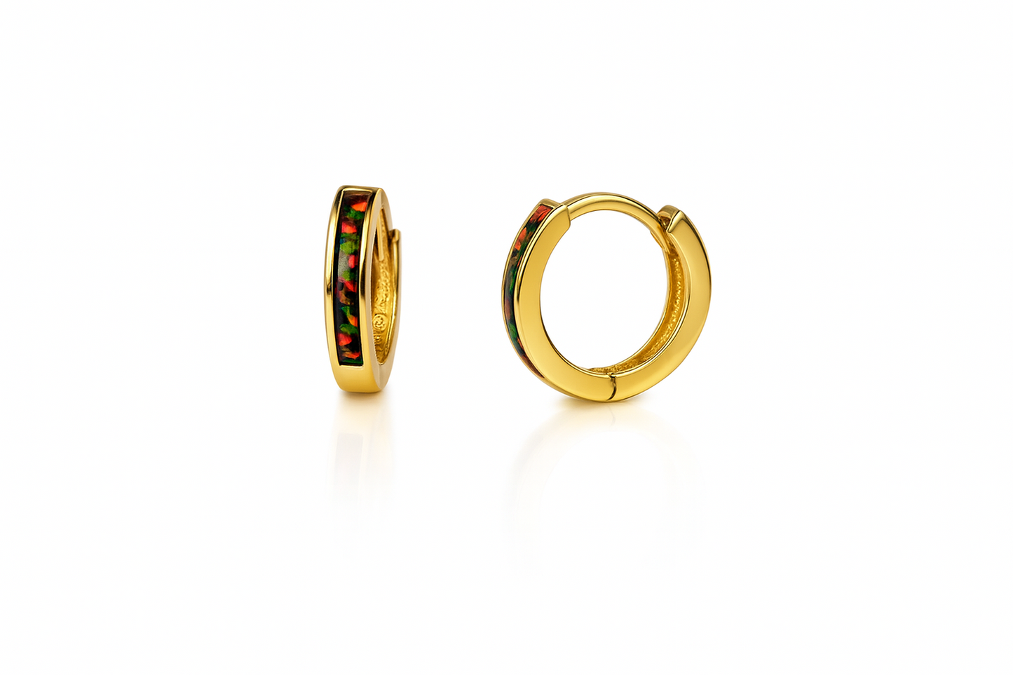 14k Yellow Gold One Row Black Opal Huggie Hoop Earrings