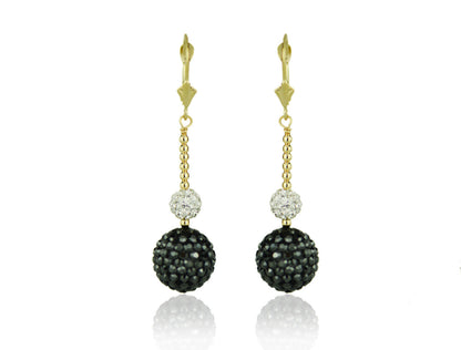 14K Yellow Gold Lever Back Dangle Ball Earrings with Genuine Czech Crystals.