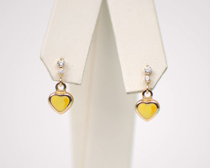 14K Solid Yellow Gold Heart Shape Enamel Dangle Screw Back Baby Earrings