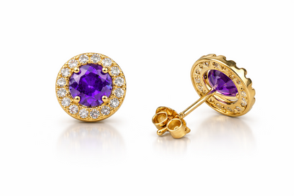 14K Solid Yellow Gold Halo Stud Push Back Earrings