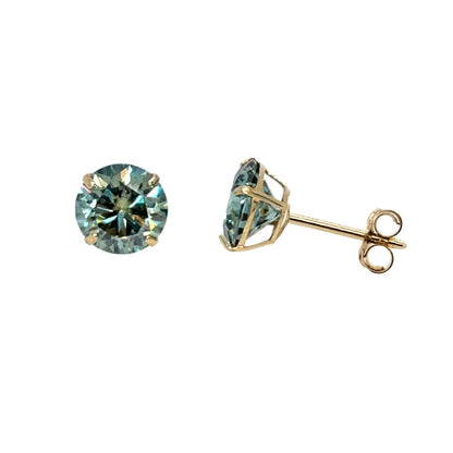 14K Gold GRA Certified D-VVS1 Round Green Moissanite Push Back Studs Earrings