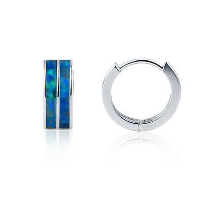 14k White Gold Double Row Dark Green Opal Huggie Hoop Earrings