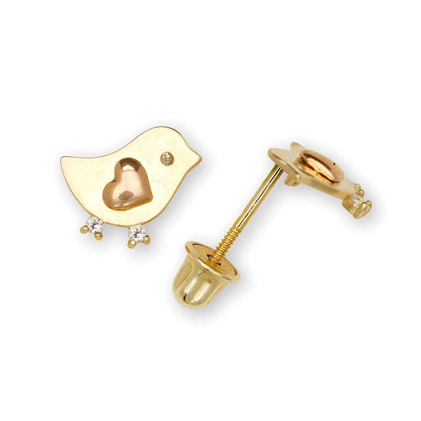 14K Yellow Gold Bird Studs With Heart Birdie Earrings for Girls