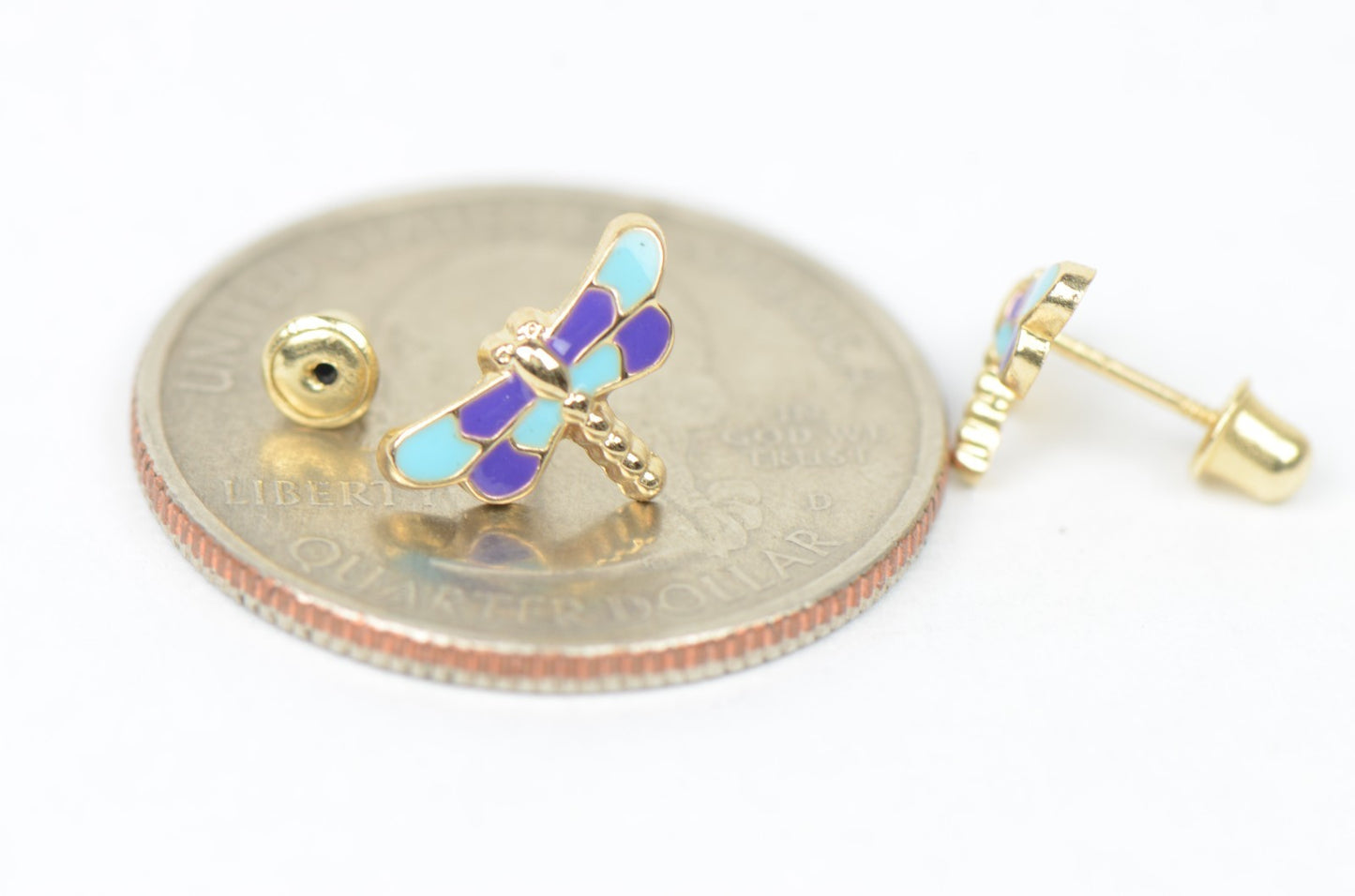 14k Yellow Gold Baby Enamel dragonfly earrings with Screw Back