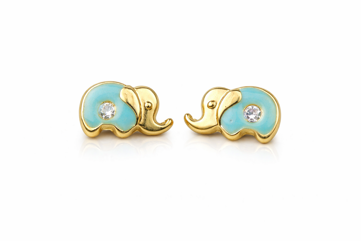 14k Yellow Gold Baby Enamel and CZ Elephant earrings, Screw Back
