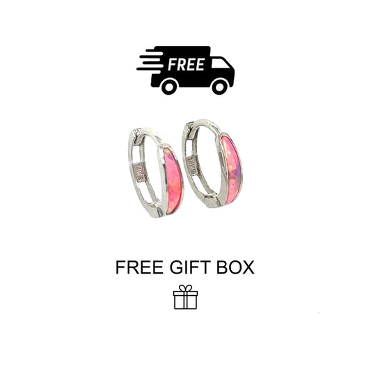 14k White Gold Hot Pink Opal Huggie Hoop Earrings