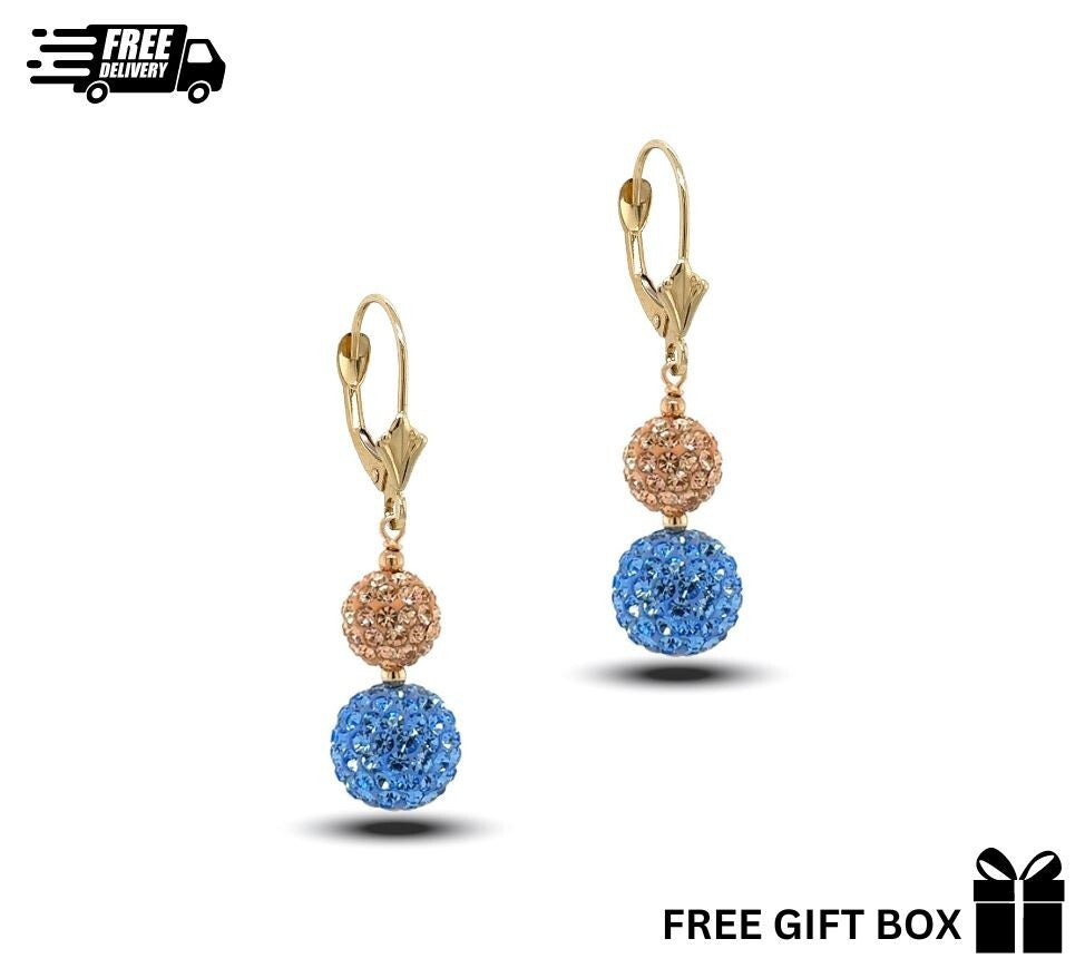 14K Yellow Gold Leverback Dangle Earrings with Genuine Czech Crystals