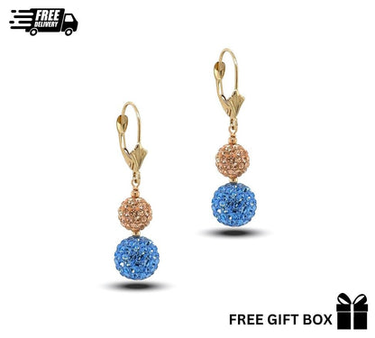 14K Yellow Gold Leverback Dangle Earrings with Genuine Czech Crystals