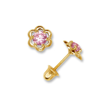 14K Yellow & White Gold Minimal CZ Flower Screw Back Studs Earrings for Women
