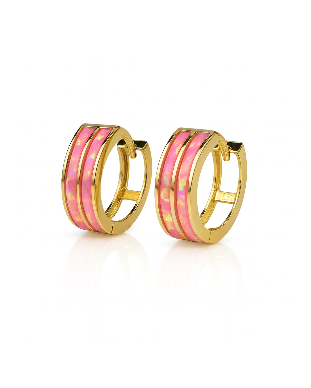 14k Yellow/White Gold Double Row Hot Pink Opal Huggie Hoop Earrings