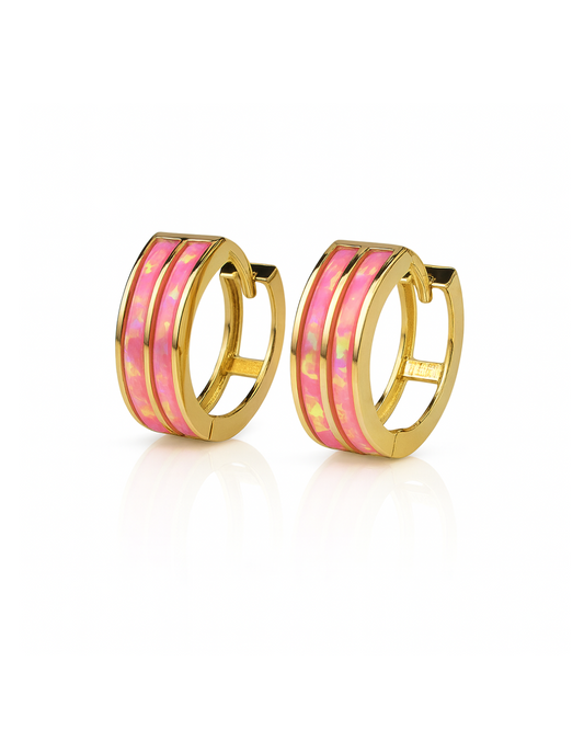 14k Yellow/White Gold Double Row Hot Pink Opal Huggie Hoop Earrings