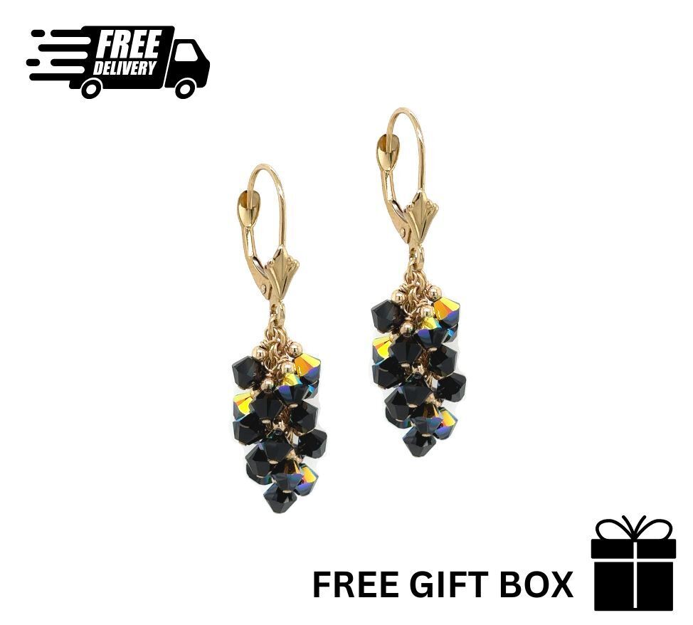 14k Yellow Gold Dangle Grape Leverback Earrings Made with Crystal from Swarovski