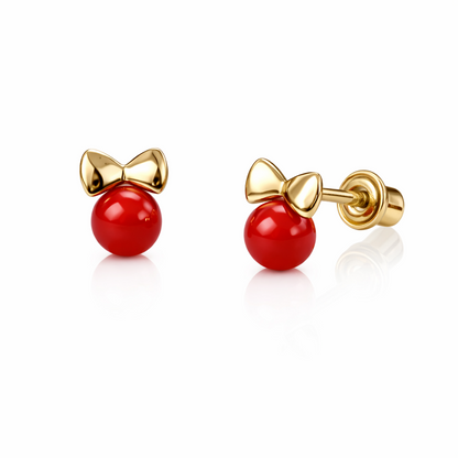 14k Yellow Gold Bow Tie Coral Stud Earrings/ Screw Back
