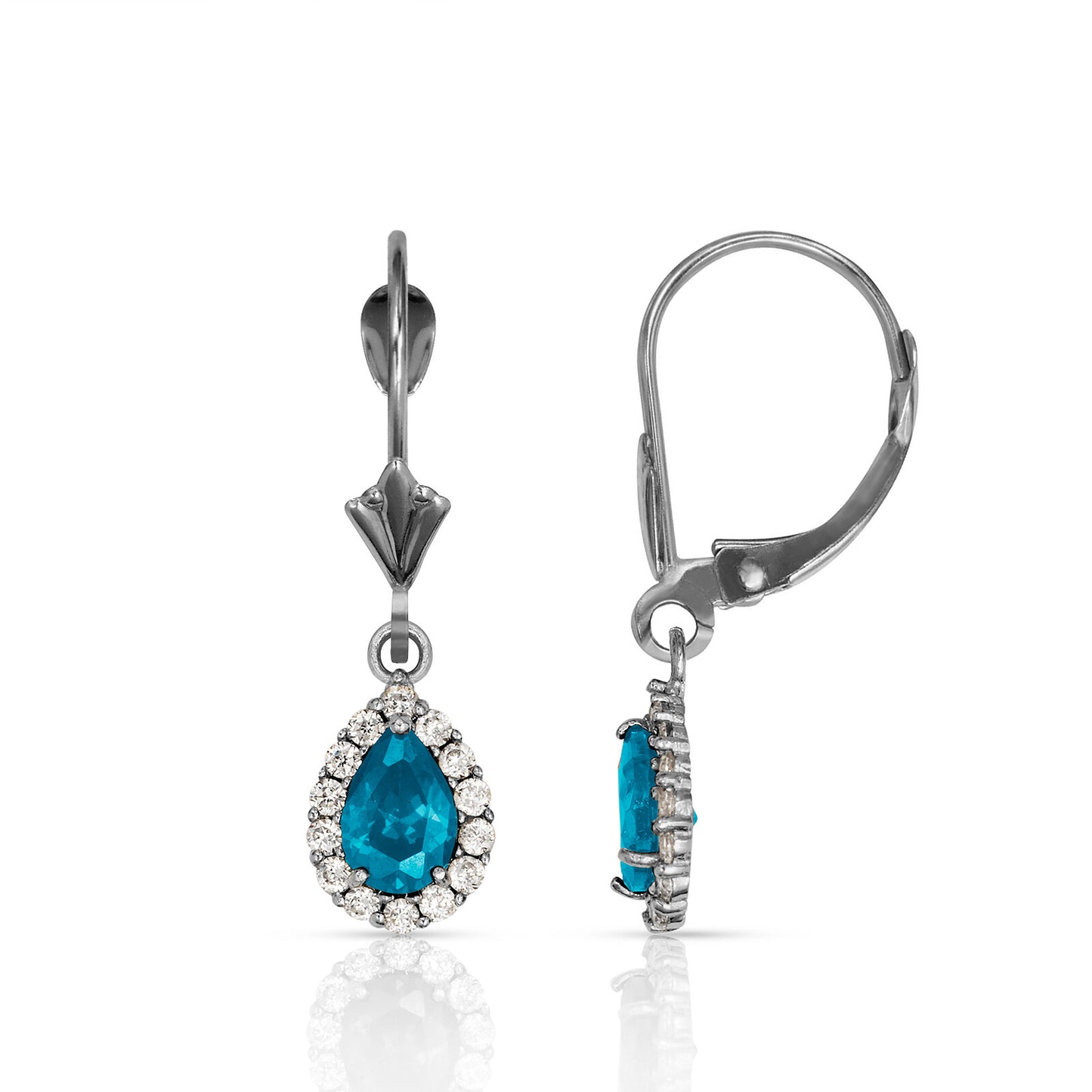 14k White Gold Halo CZ Tear Drop Dangle Leverback Earrings