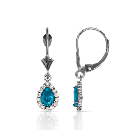 14k White Gold Halo CZ Tear Drop Dangle Leverback Earrings
