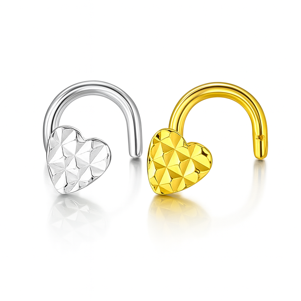 14k Yellow or White Gold Heart Nose Piercing Stud Diamond Cut