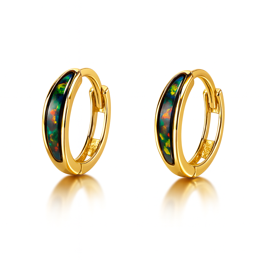 14k Yellow Gold Black Opal Huggie Hoop Earrings