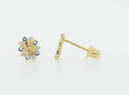 Solid 14K Yellow Gold Guadalupe Virgin Mary Screw Back CZ Stud Earrings