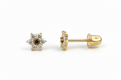 14K Yellow Gold Classic Flower CZ  Stud Earrings for Women
