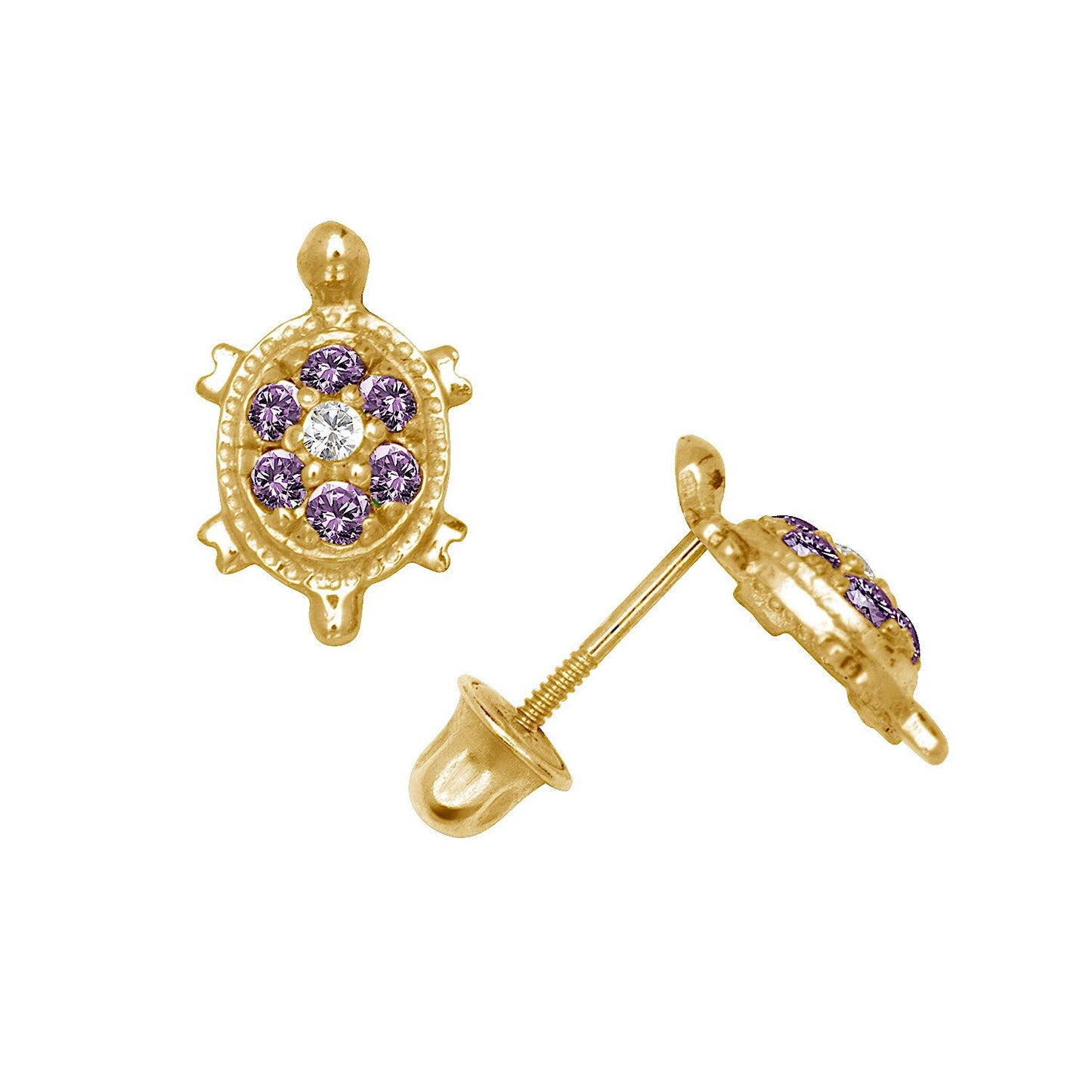 14K Yellow & White Gold  Pretty Turtle CZ Stud Earrings for Women