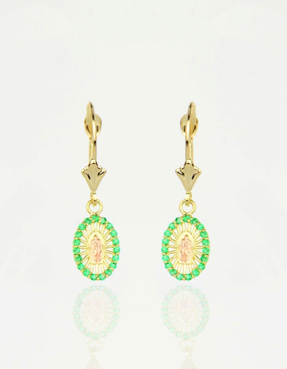 14k Yellow Gold CZ Guadalupe Oval Dangle Leverback Pierced Earrings