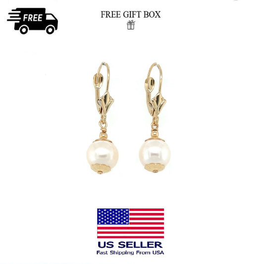 14K Yellow Gold Lever Back  Earrings with Genuine Pearl 8mm