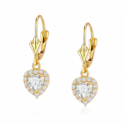 14k White Gold Halo Dangle Heart Leverback Pierced Earrings Birthstone