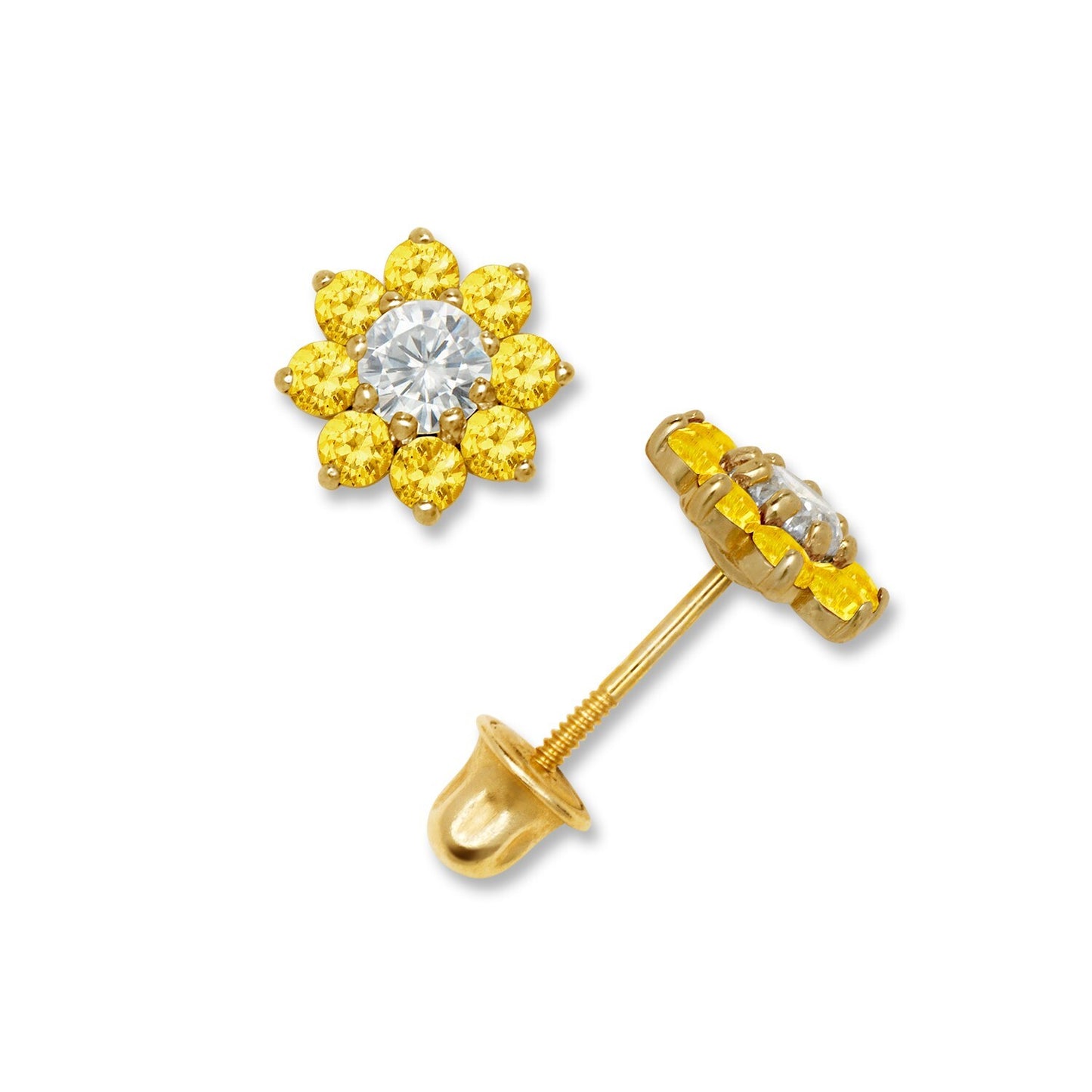 14K Yellow & White Gold Small Beautiful CZ Flower Stud Earrings for  Girls
