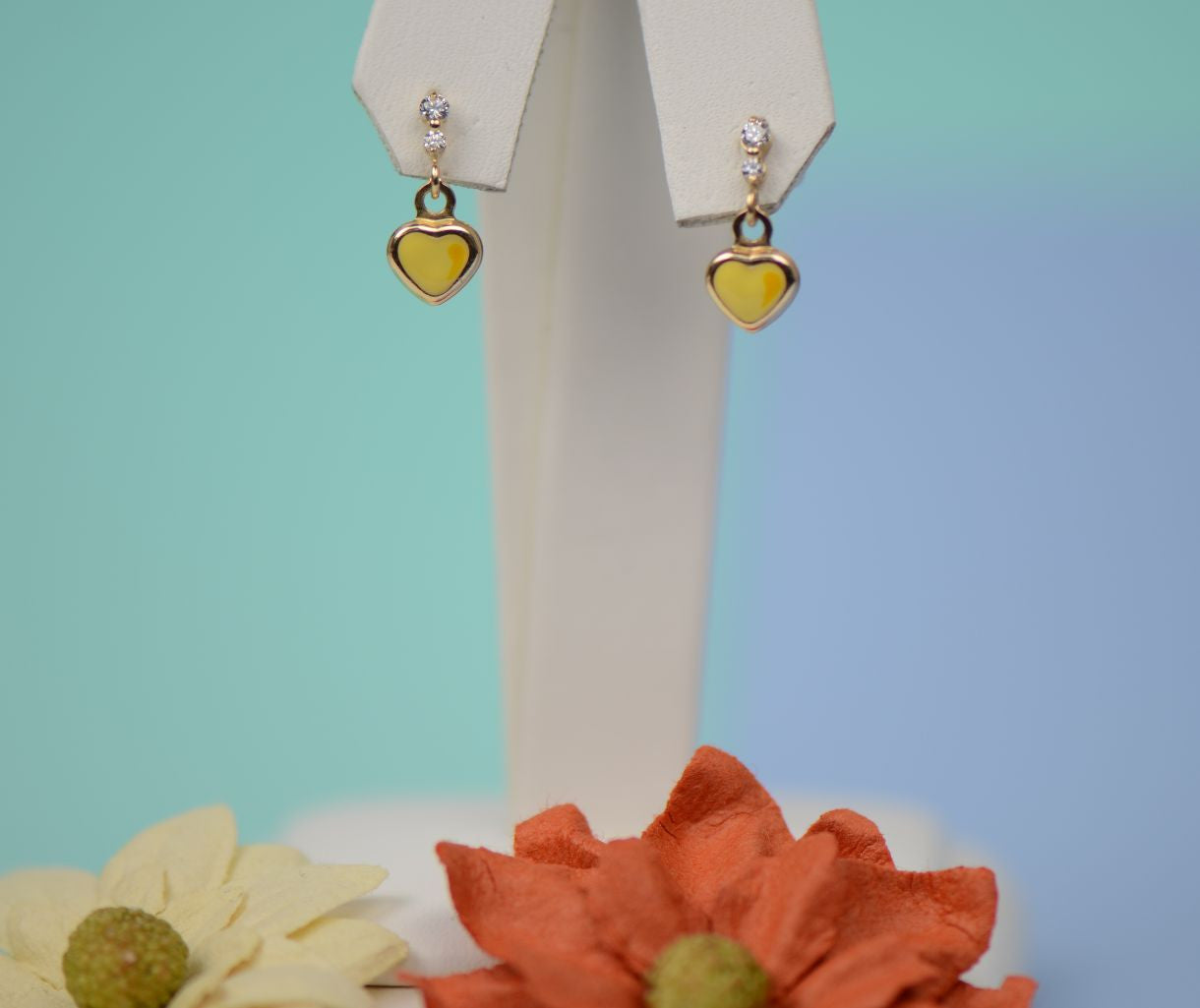 14K Solid Yellow Gold Heart Shape Enamel Dangle Screw Back Baby Earrings