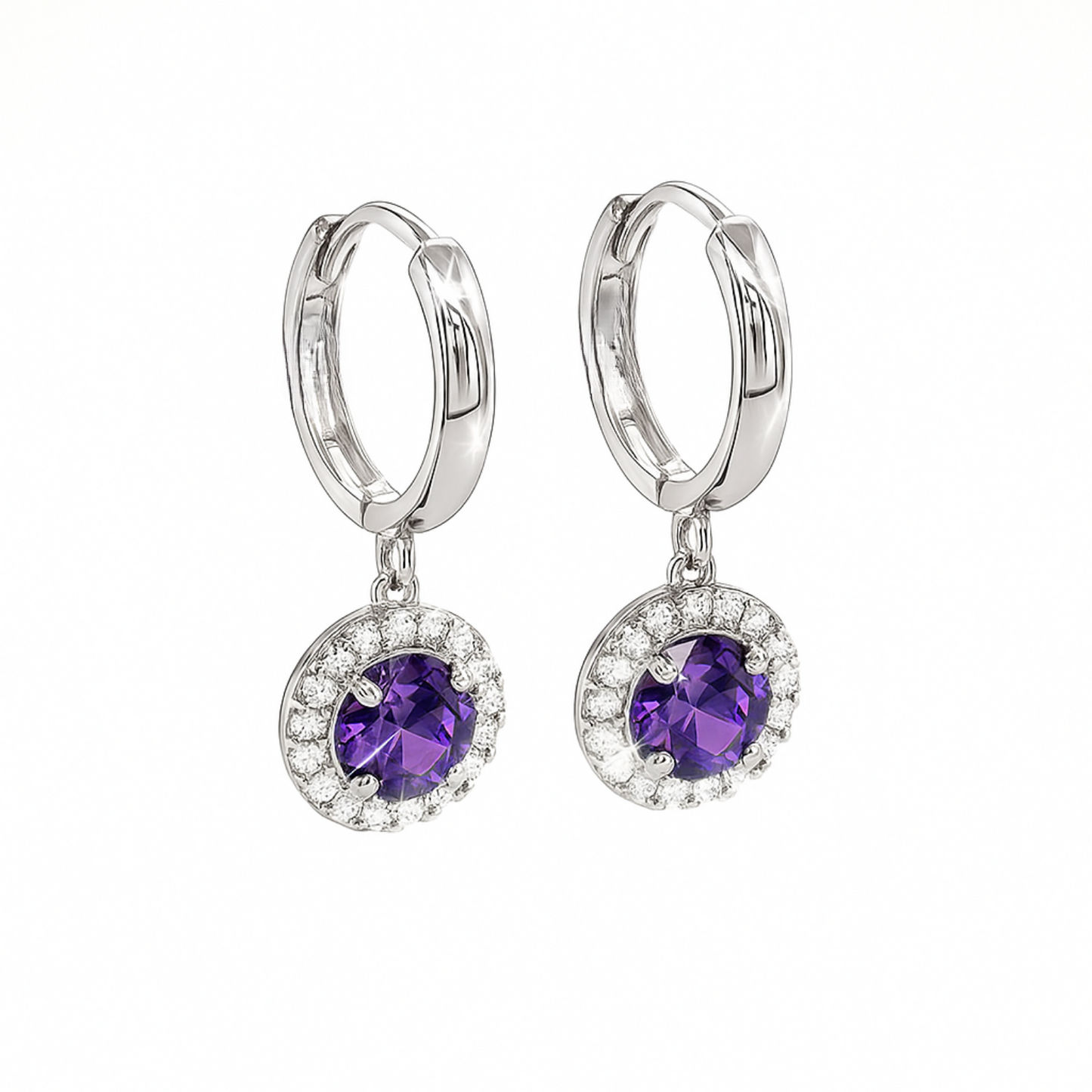 14k White Gold Halo Round Shaped pretty Birthstone Huggie Earrings for Women
