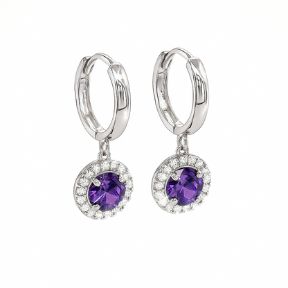 14k White Gold Halo Round Shaped pretty Birthstone Huggie Earrings for Women