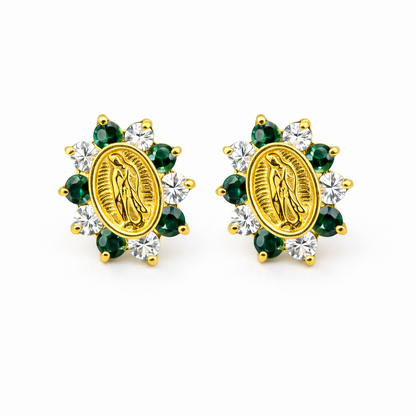 14K Solid Yellow Gold Guadalupe Virgin Mary Screw Back CZ Stud Earrings