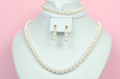 14k Yellow Gold Genuine White Pearls 3pcs Set: Necklace, Bracelet, Earrings